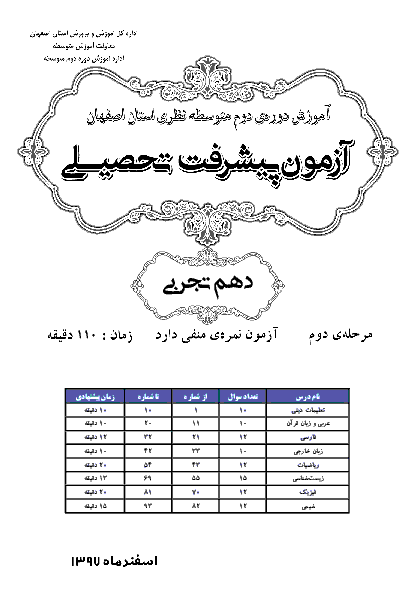 سوالات و پاسخ کلیدی آزمون پیشرفت تحصیلی پایه دهم رشته تجربی استان اصفهان | مرحله دوم (اسفند 97)