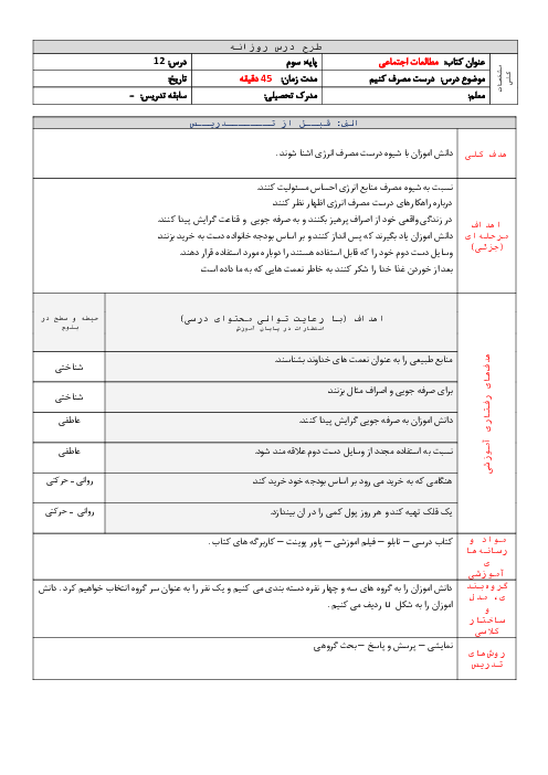 طرح درس روزانه مطالعات اجتماعی کلاس سوم ابتدائی | درس 12: درست مصرف کنیم