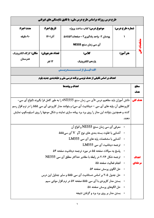 طرح درس روزانه پودمان دوم: آی سی زمان سنج NE555 | درس ساخت پروژه رشته الکترونیک