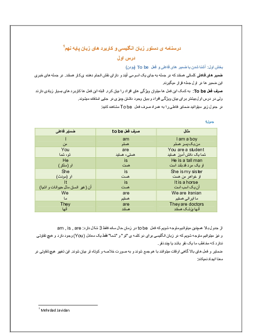 درسنامه گرامر انگلیسی نهم | درس 1 تا 6