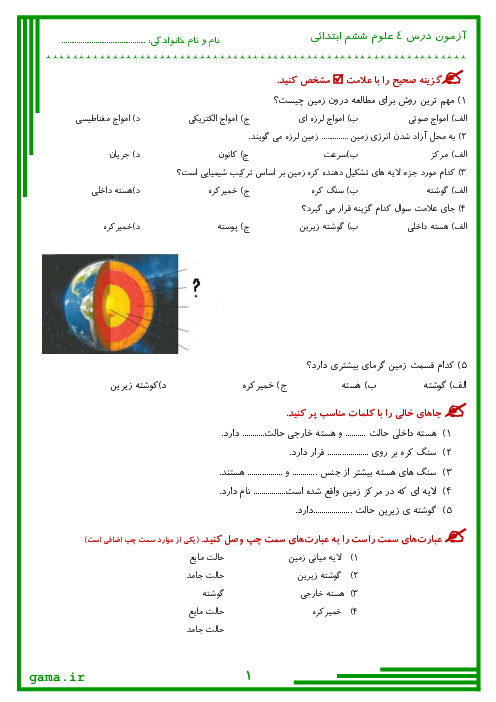 آزمونک علوم تجربی ششم دبستان جابربن حیان | درس 4: سفر به اعماق زمین