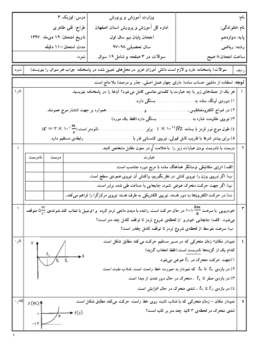 11 سری آزمون پیشنهادی نوبت اول فیزیک (3) ریاضی دوازدهم | دی 1397