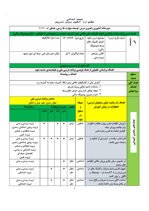 طرح درس روزانه توسعه مهارت‌های رزمی، هدفی یازدهم هنرستان | پودمان 5: تکواندو (آموزش تکنیک های دفاع برای ارتقاء کمربند سفید به زرد)