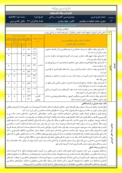 طرح درس روزانه درس 7 علوم چهارم | آهنربا در زندگی