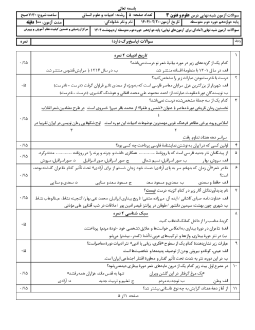 امتحان شبه نهایی علوم و فنون ادبی (3) پایه دوازدهم رشته انسانی | اردیبهشت 1404