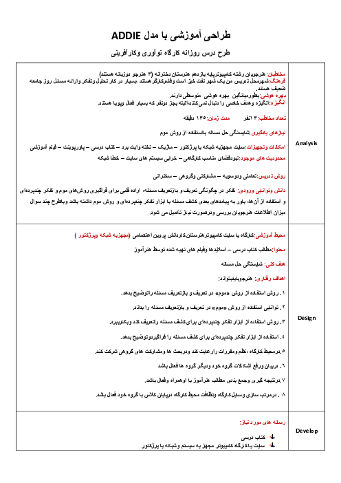 طرح درس روزانه کارگاه نوآوری و کارآفرینی یازدهم بر اساس مدل طراحی ADDIE | پودمان 1: حل خلاقانه مسئله‌ها