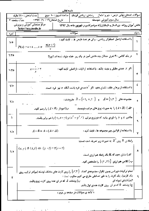 سوالات امتحان نهایی جبر و احتمال-شهریور 1392