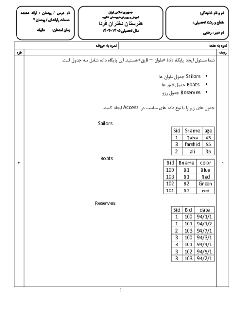 نمونه سؤال عملی پودمان 4 درس ارائه دهنده خدمات رایانه‌ای | طراحی بانک های اطلاعاتی