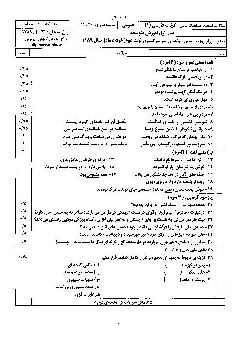 سوالات و پاسخ امتحان هماهنگ نوبت دوم  ادبیات فارسی 1| سری (2) خرداد 1389