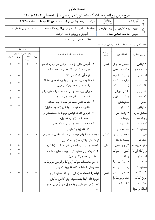 طرح درس روزانه ریاضیات گسسته دوازدهم | فصل اول | درس 3: هم‌نهشتی در اعداد صحیح و کاربردها