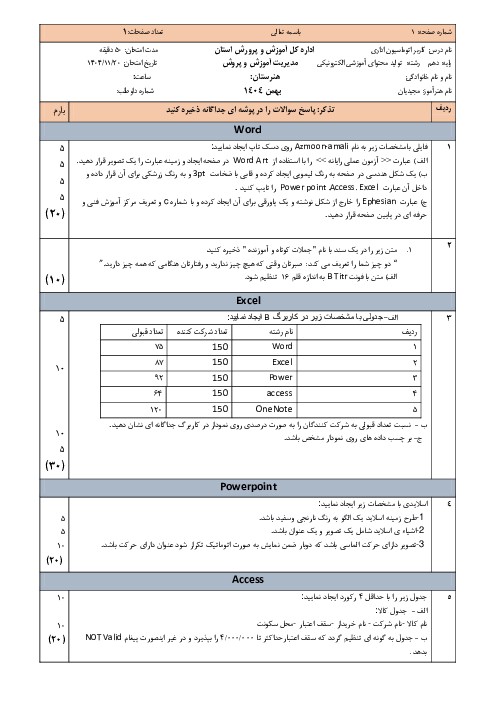 نمونه سوال عملی کاربر اتوماسیون اداری (Word-PowerPoint-Excel) | بهمن 1404