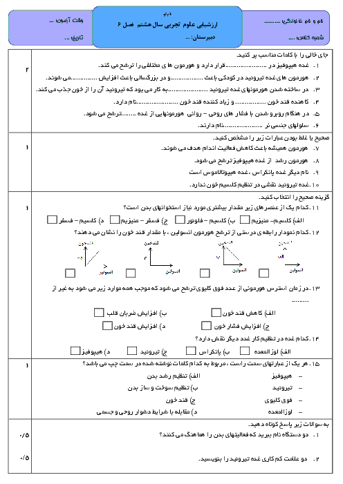 آزمونک علوم تجربی هشتم  | فصل 6 با جواب (تنظیم هورمونی)