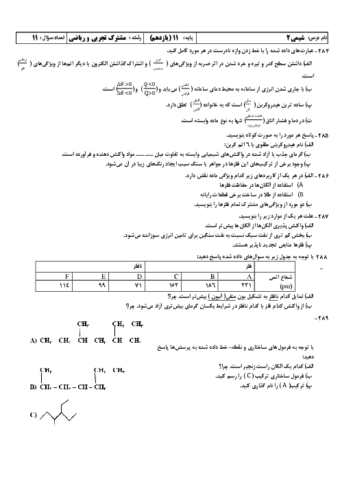 نمونه سوال امتحان نوبت اول شیمی (2) پایه یازدهم رشته ریاضی و تجربی | ویژه دی 96