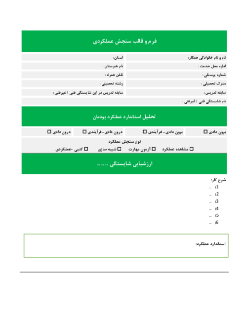 فرم و قالب سنجش عملکردی هنرستان های فنی و کاردانش بر اساس استانداردها، شاخص ها و شایستگی