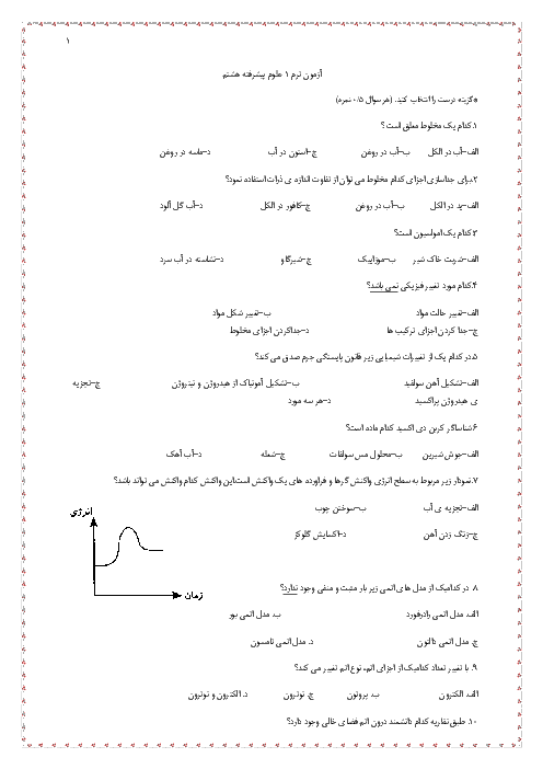 آزمون میان نوبت اول علوم تجربی هشتم سطح پیشرفته| فصل 1 و 2 و 3