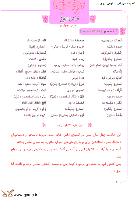 ترجمه متن درس و پاسخ تمرین های عربی نهم | درس چهارم: اَلصَّبْرُ مِفتاحُ الْفَرَجِ