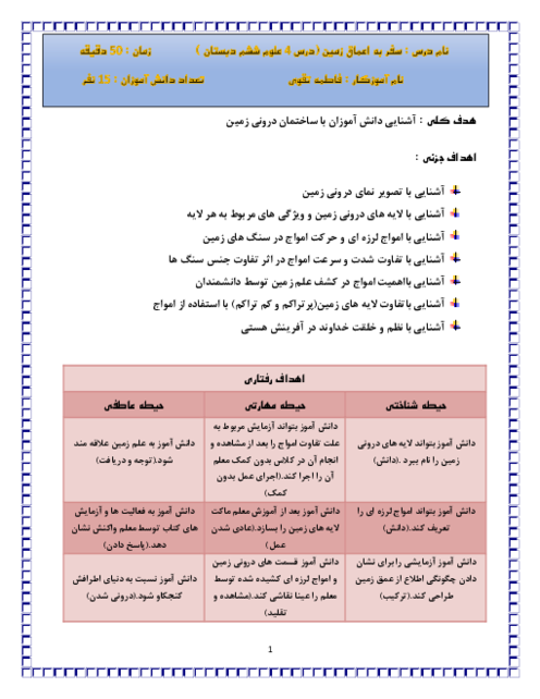 طرح درس ملی روزانه علوم تجربی پنجم ابتدایی به روش کاوشگری | درس 4: سفر به اعماق زمین 