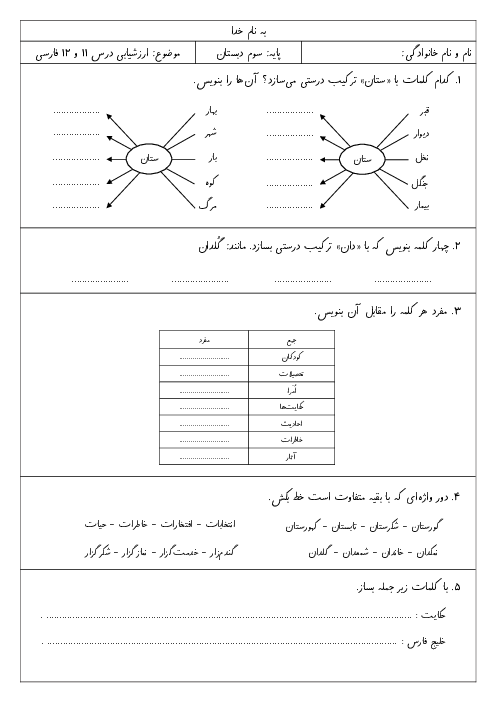 ارزشیابی مستمر درس 11 و 12 فارسی سوم دبستان شهید کاظمی