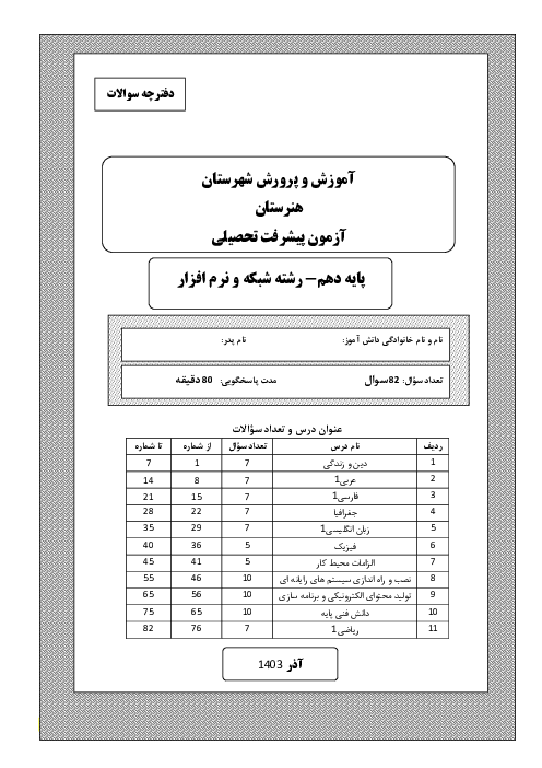 آزمون پیشرفت تحصیلی نوبت آذر ماه پایه دهم رشته شبکه و نرم افزار هنرستان شهید بهشتی