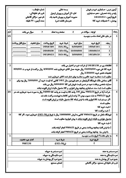 آزمون پودمانی حسابداری خرید و فروش دهم هنرستان فاطمه (س) | پودمان 4: حسابداری تعدیلات خرید کالا