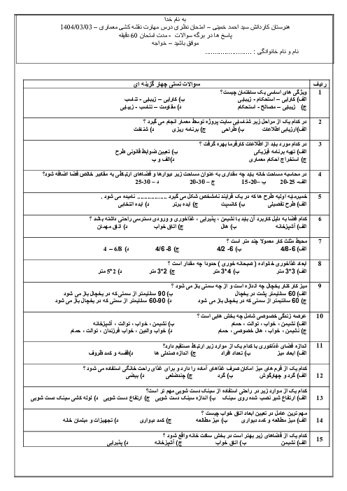 امتحان نظری درس مهارت نقشه کشی معماری هنرستان کاردانش سید احمد خمینی خرداد 1404