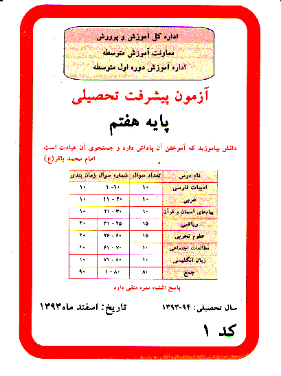 آزمون پیشرفت تحصیلی دانش آموزان پایۀ هفتم استان اردبیل | اسفند 1393