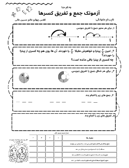 آزمونک جمع و تفریق کسرها ریاضی چهارم