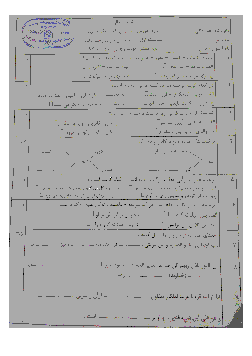 سوالات امتحان ترم اول قرآن هفتم دبیرستان شهید رحیم زاده مشهد | دی 1397