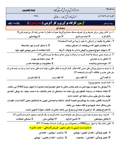 امتحان پودمان 1 تا 5 کارگاه نوآوری و کارآفرینی پایه یازدهم فنی و کاردانش
