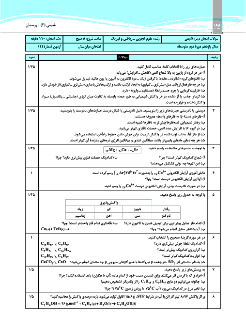 نمونه سوالات امتحان شیمی (2) یازدهم رشته رياضی و تجربی | فصل 1 و 2