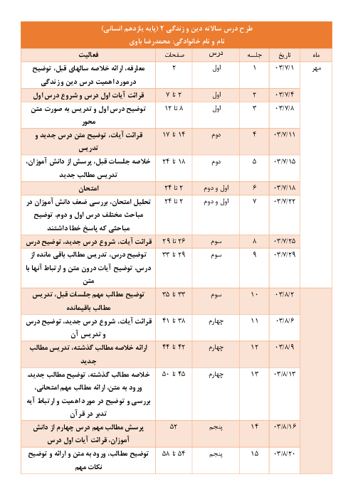 طرح درس سالانه دین و زندگی یازدهم انسانی سال تحصیلی 1404-1403