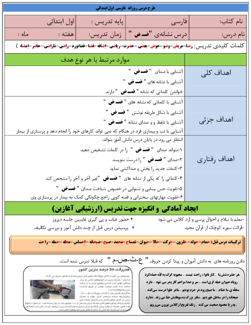 طرح درس روزانه فارسی اول دبستان | درس 20: رضا ”ضـ ض“ 