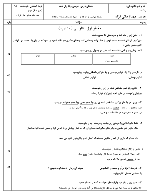 آزمون نوبت دوم فارسی و نگارش (1) دهم هنرستان ریحانه | خرداد 1398 + پاسخ