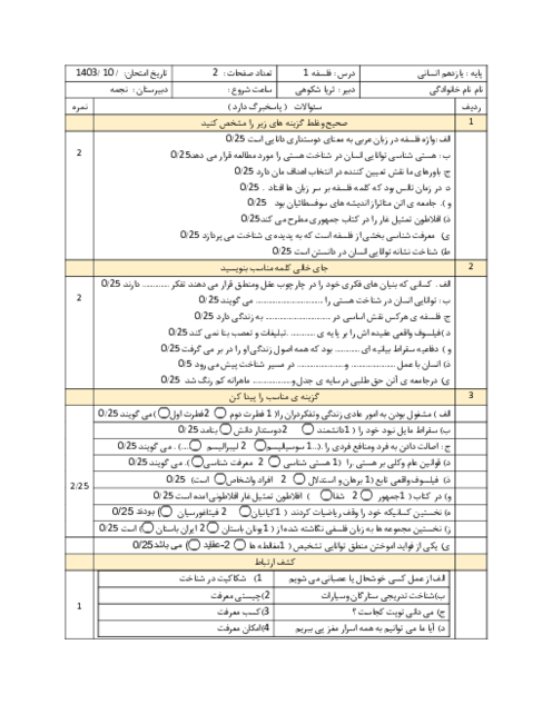 سوالات آزمون ترم اول فلسفه 1 یازدهم دبیرستان صولت