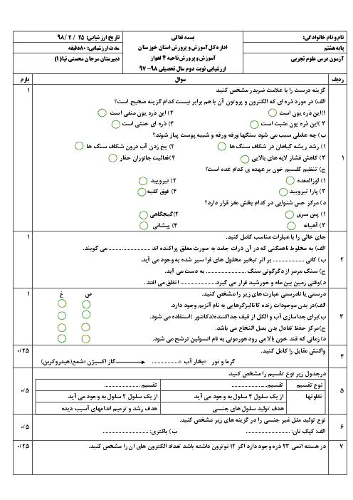 آزمون نوبت دوم علوم تجربی هشتم دبیرستان مرجان محسنی نیا | اردیبهشت 1398