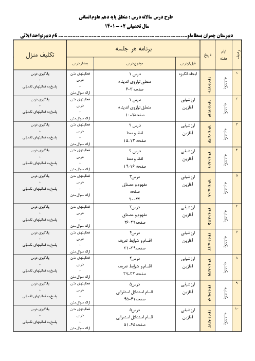 طرح درس سالانه منطق پایه دهم رشته علوم انسانی