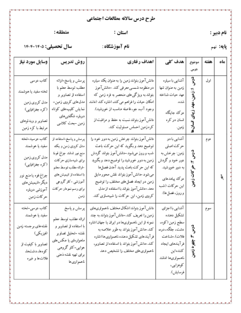 طرح درس سالانه مطالعات نهم