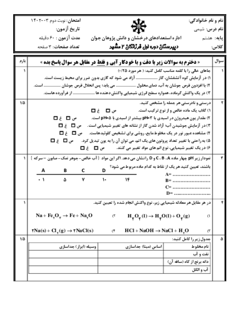 سوالات امتحان شیمی تیزهوشان نوبت دوم خرداد 1403 دبیرستان فرزانگان مشهد