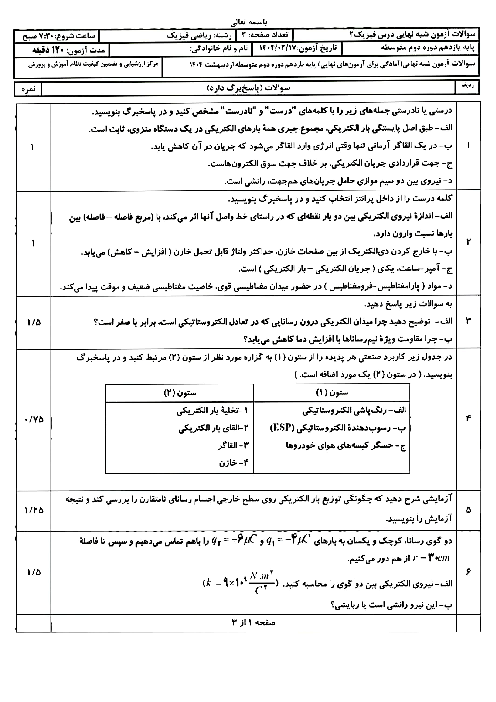 امتحان شبه نهایی فیزیک (2) پایه یازدهم رشته تجربی | اردیبهشت 1404
