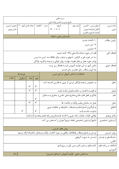 طرح درس روزانه ملی بلوم عربی نهم  | درس 1: مُراجَعَةُ دُروسِ الصِّفِّ السّابِعِ وَ الثّامِنِ