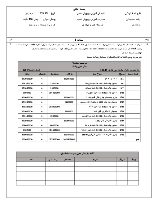 آزمون پودمان چهارم درس  حسابداری وجوه نقد و تحریر دفاتر قانونی دهم  | فصل 4: حسابداری تهیه و تنظیم صورت مغایرت بانکی