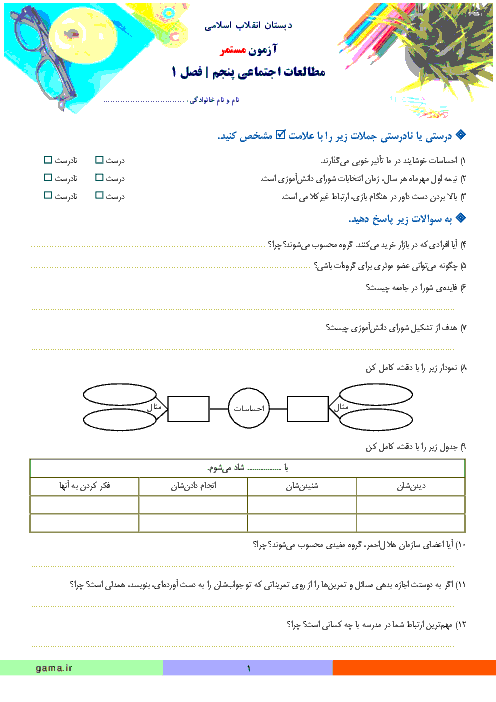 آزمون مطالعات اجتماعی پنجم دبستان انقلاب اسلامی | فصل 1: زندگی با دیگران