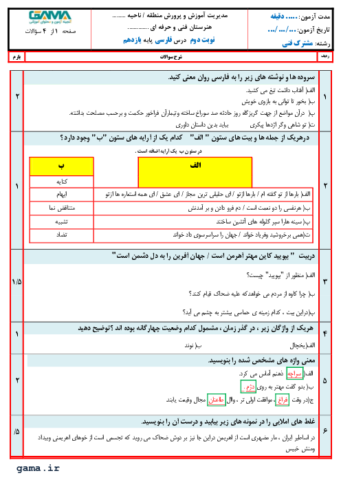 سوالات امتحان نوبت دوم فارسی و نگارش (2) یازدهم هنرستان کارآفرین | خرداد 1400