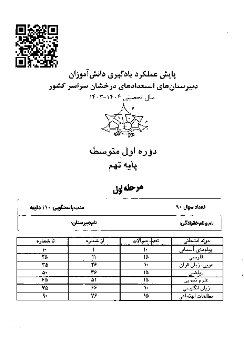 آزمون پایش عملکرد یادگیری دانش آموزان پایه نهم مدارس سمپاد | مرحله اول (بهمن 1403)