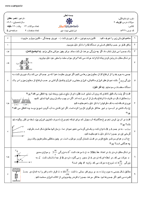 آزمون فیزیک (2) دوم دبیرستان خرداد 1390 | دبیرستان شهید صدوقی یزد