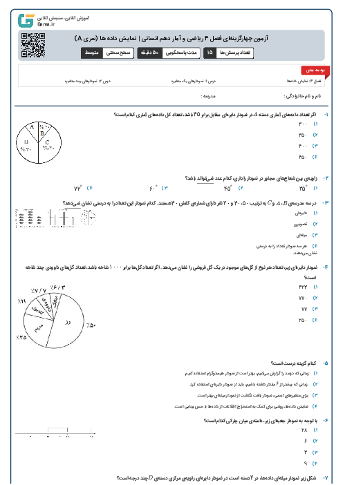 آزمون چهارگزینه‌ای فصل 4 ریاضی و آمار دهم انسانی | نمایش داده ها (سری A)