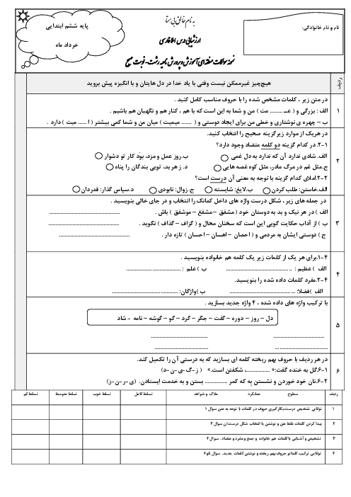 ارزشیابی نوبت دوم املا فارسی ششم دبستان، هماهنگ ناحیه 1 رشت اردیبهشت 1404