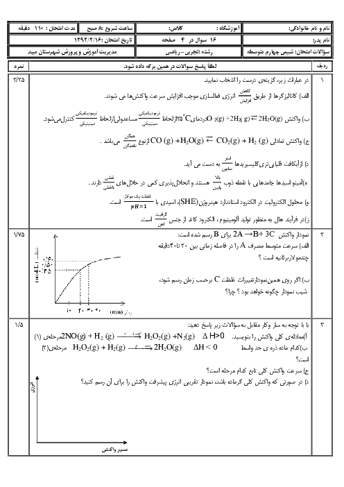  آزمون نوبت دوم شیمی (فرآیندهای شیمیایی) چهارم دبیرستان رشته ریاضی و تجربی  | خرداد 92