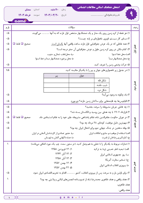 امتحان هماهنگ نوبت دوم مطالعات اجتماعی پایه نهم استان سمنان | خرداد 1403