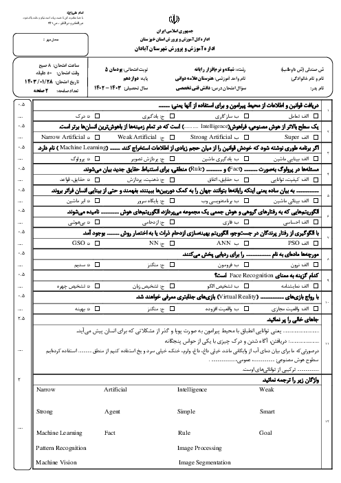 نمونه سؤال پودمان 5 درس دانش فنی تخصصی رشته شبکه و نرم افزار رایانه | کاربرد هوش مصنوعی